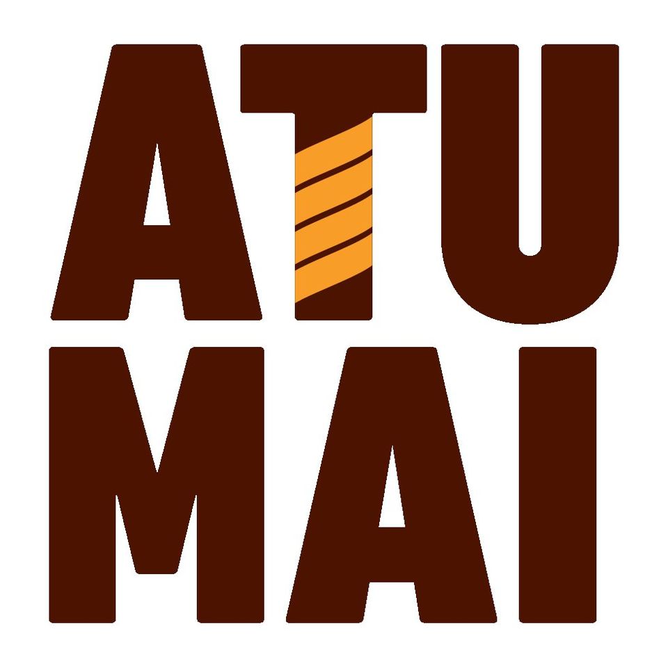 Logo with the words ATU MAI in large dark brown capital letters on white, with an orange twisted rope pattern in the T.