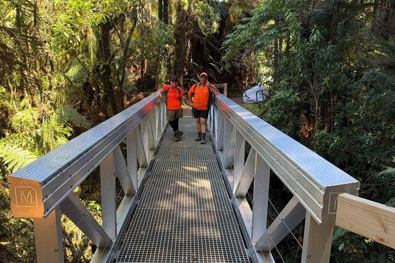 Two people in bright orange shirts stand on a new metal grid bridge with aluminium railings, surrounded by dense native bush.