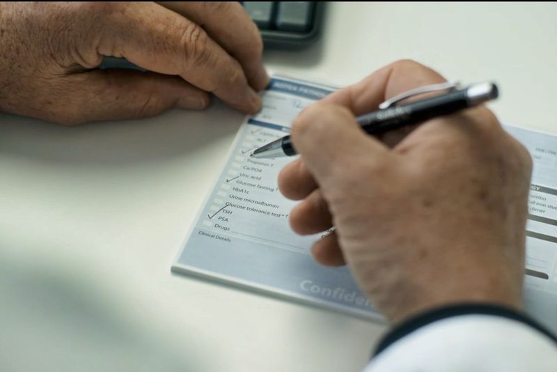 Close view of a hand holding a pen and ticking boxes on a blood test request form, including PSA, on a desk.